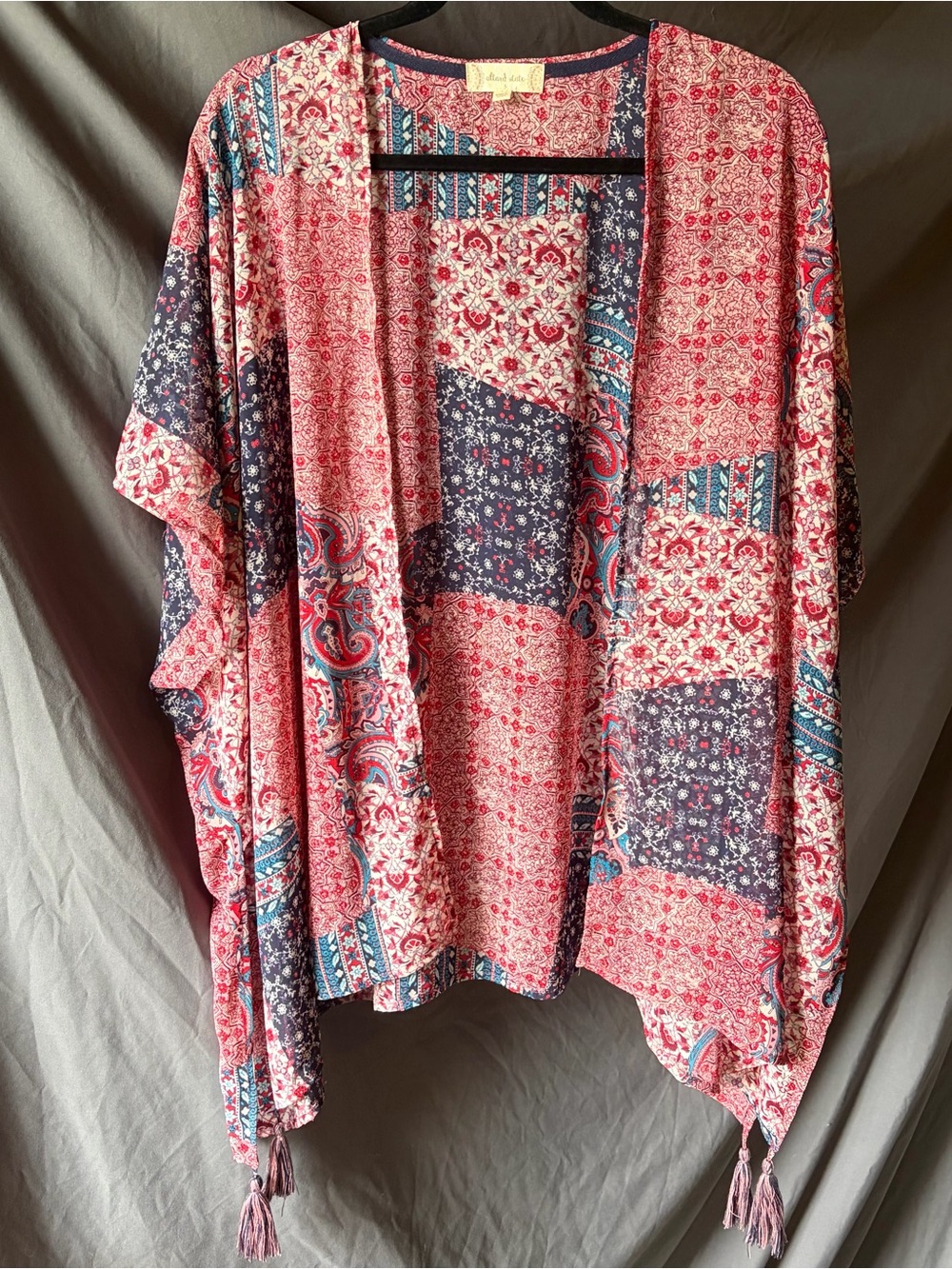 ALTAR’D STATE Red & Blue Patchwork Kimono Boho 4th of July Holiday Tassels S